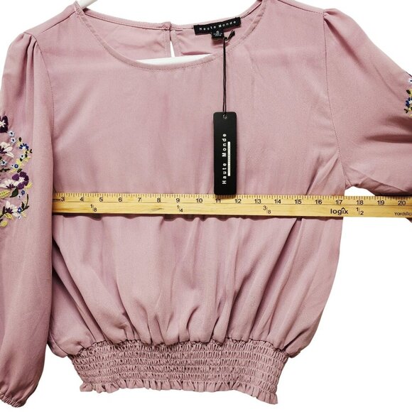 Womens Embroidered Sleeve Mauve Blouse With Smocked Hem By Haute Monde Size S - Picture 5 of 9